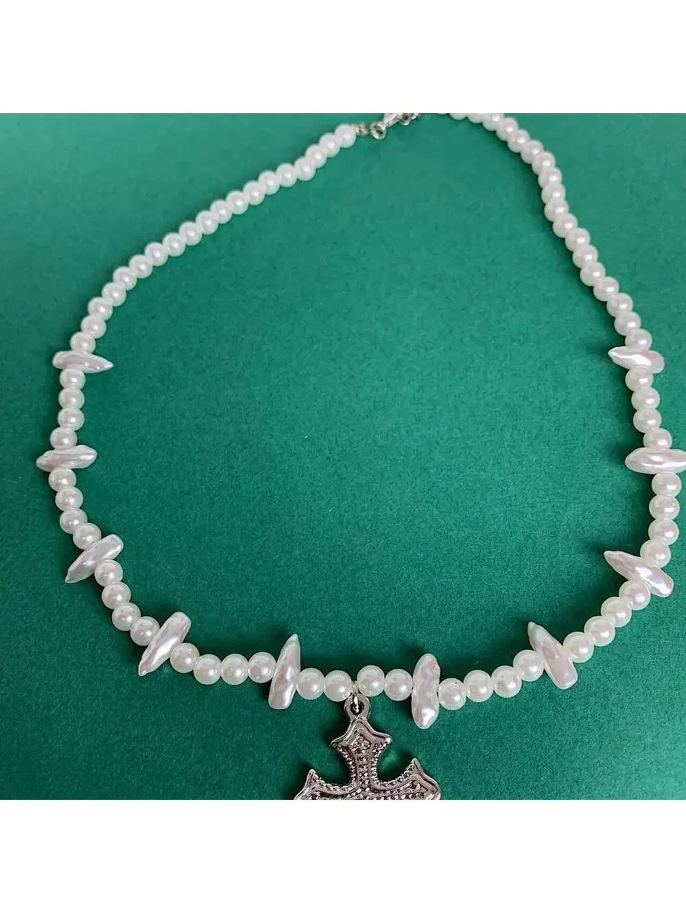 Cyber Grunge y2k Style Pearl Necklace with Gothic Silver Cross. 18-21 inches